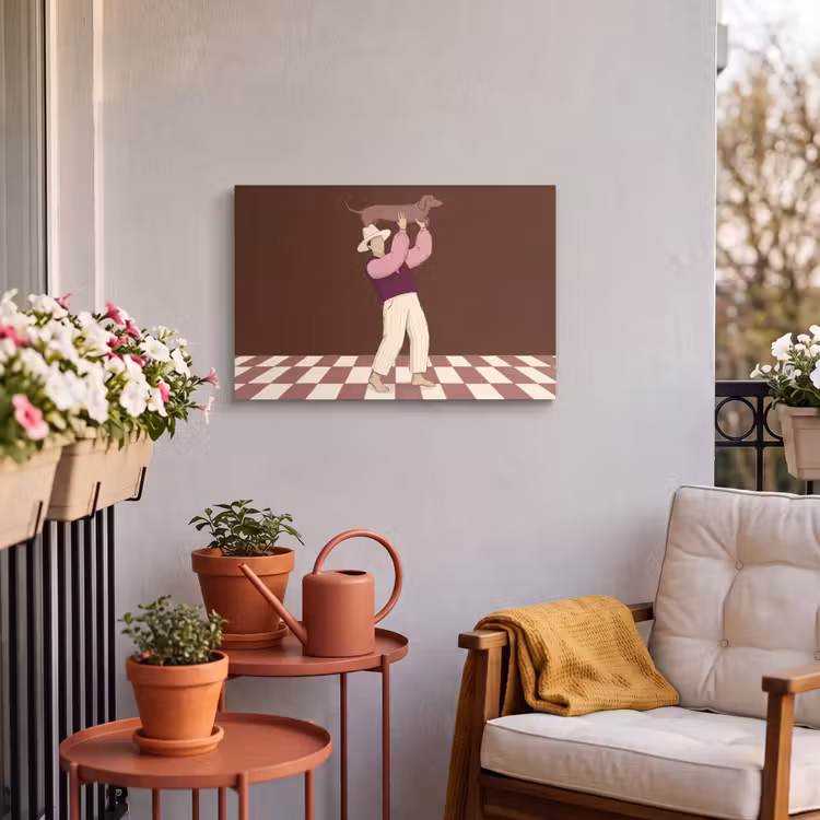 Mens - Hond - Dieren - Abstract - Roze Tuinposter op houten frame 2 cm dik klein -sfeer1