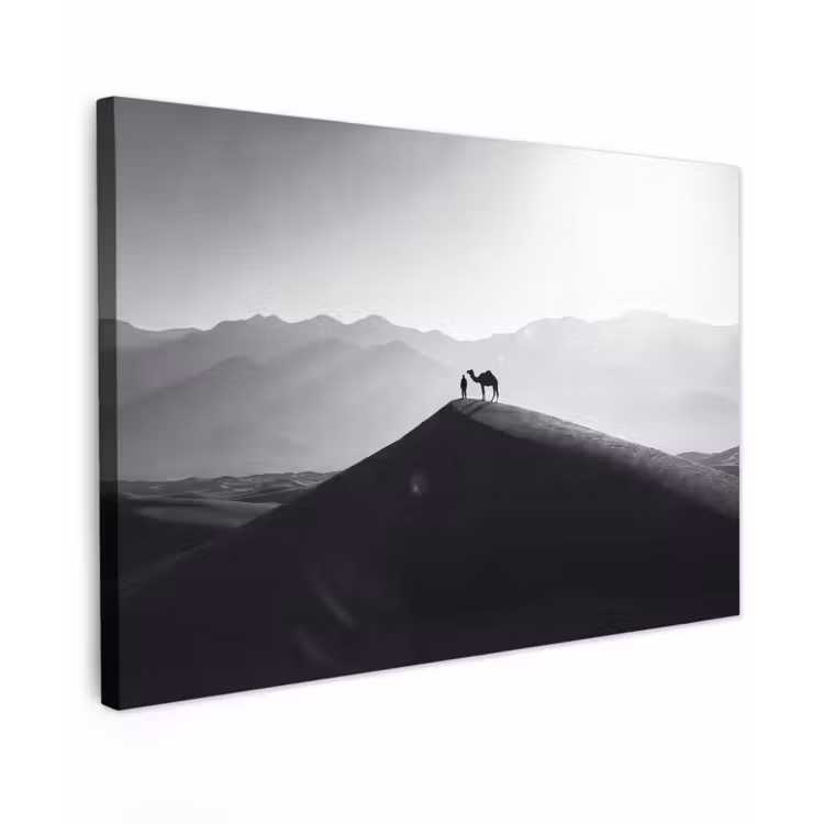 Mens - Kameel - Zandduin - Natuur - Monochroom Tuinposter op houten frame 2 cm dik klein -3d