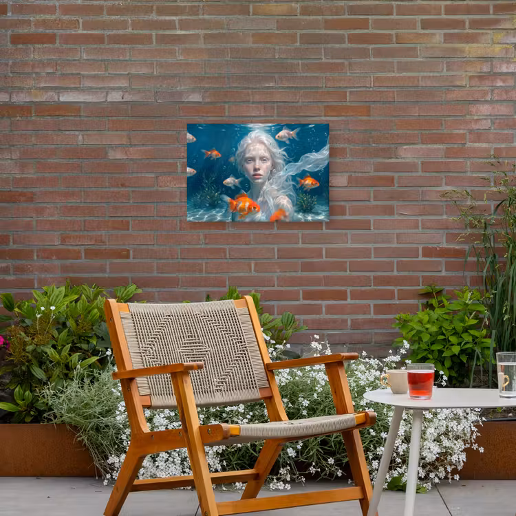 Mens - Onderwater - Vis - Modern - Blauw Tuinposter op houten frame 2 cm dik klein -sfeer3