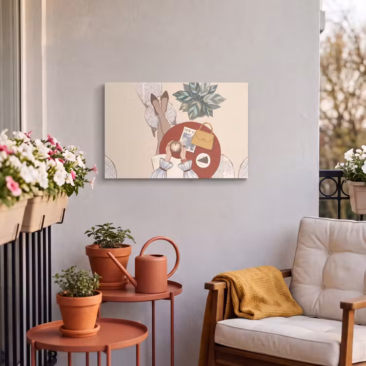 Mensen - Cafe - Koffie - Stadsleven - Modern Tuinposter op houten frame 2 cm dik klein -sfeer1