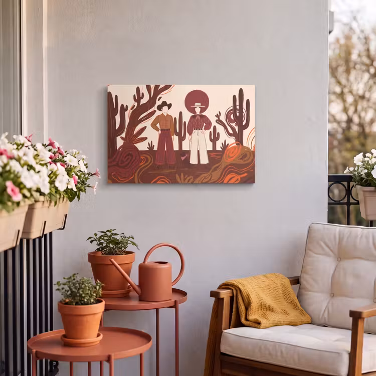 Mensen - Cowboykleding - Westerse stijl - Illustratie - Bruin Tuinposter op houten frame 2 cm dik klein -sfeer1