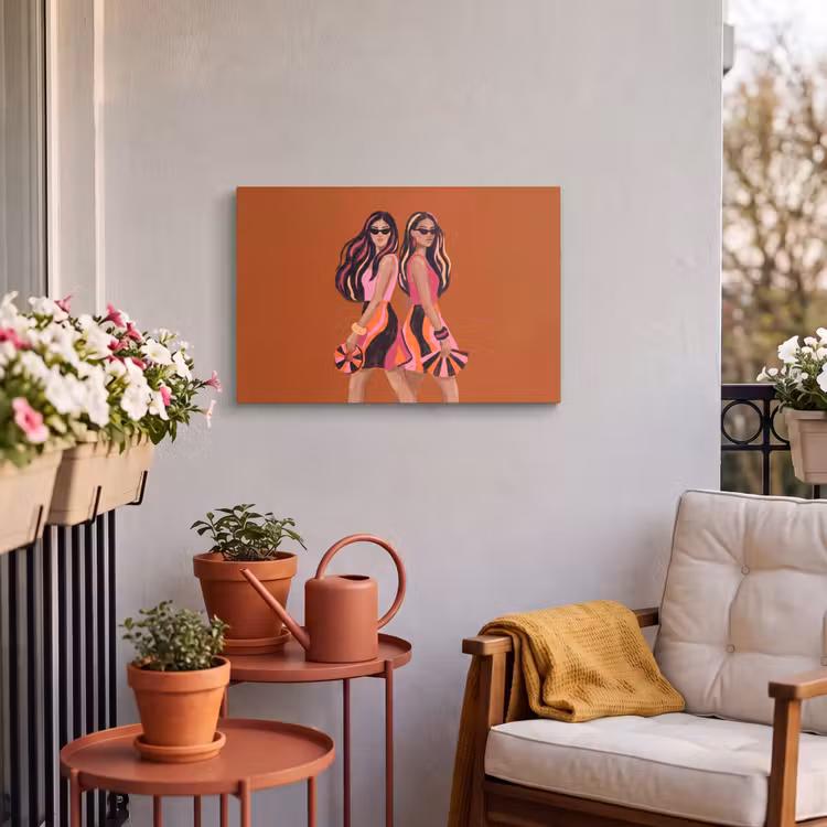 Mensen - Duo - Mode - Illustratie - Kleurrijk Tuinposter op houten frame 2 cm dik klein -sfeer1