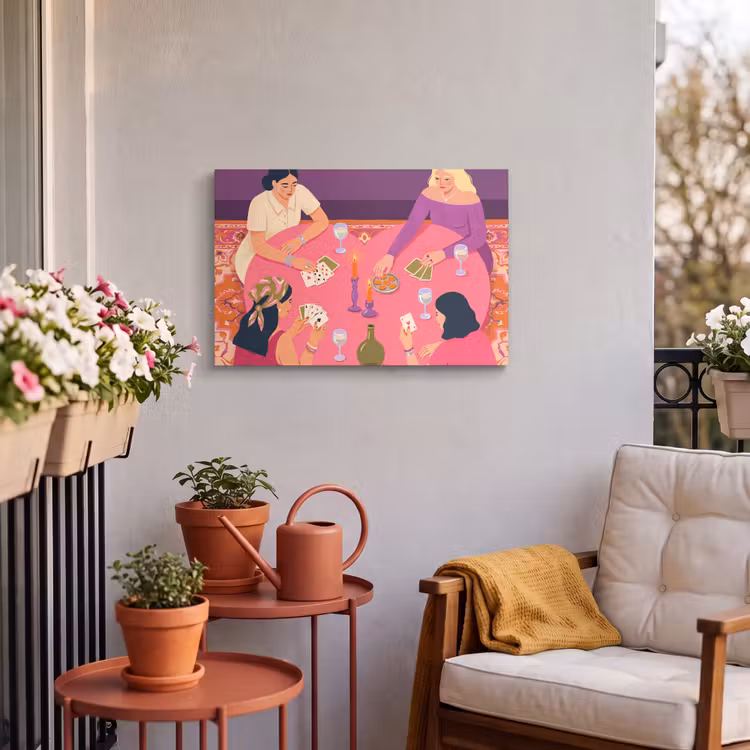 Mensen - Kaartspel - Interieur - Modern - Kleurrijk Tuinposter op houten frame 2 cm dik klein -sfeer1