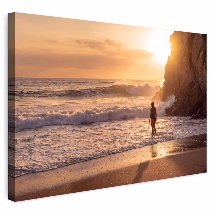 Mensen - Oceaan - Zonsondergang - Kust - Goud Tuinposter op houten frame 2 cm dik klein -3d