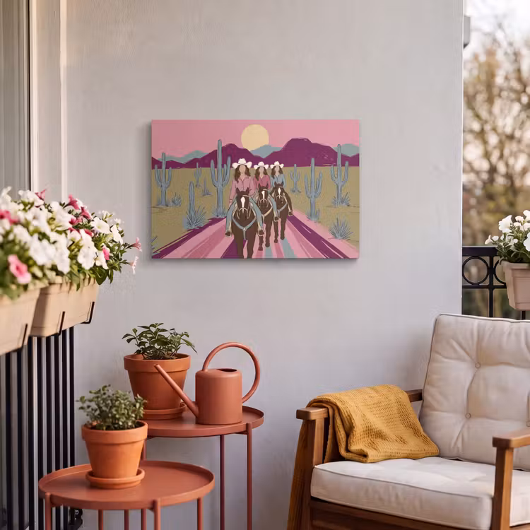 Mensen - Paard - Woestijn - Abstract - Roze Tuinposter op houten frame 2 cm dik klein -sfeer1