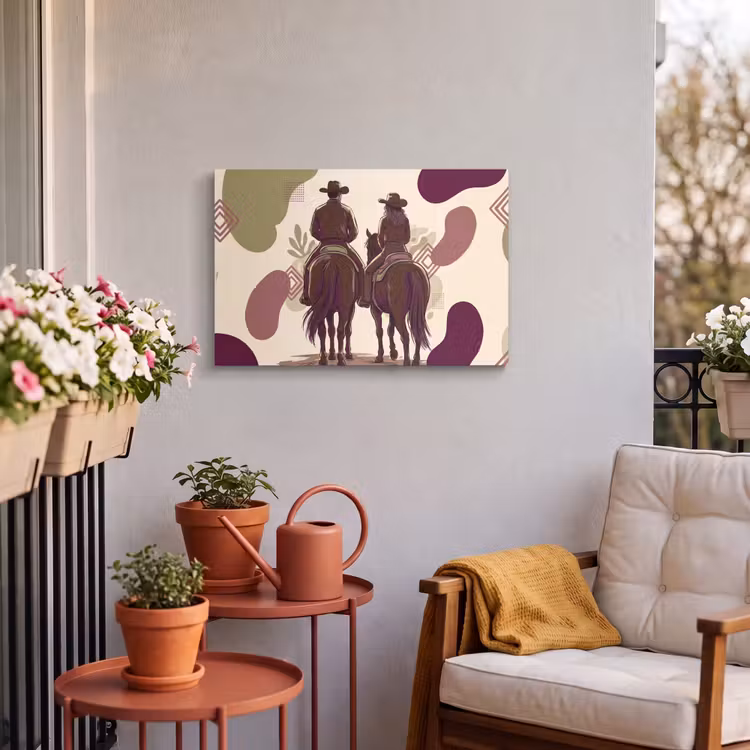 Mensen - Ruiters - Western - Illustratie - Bruin Tuinposter op houten frame 2 cm dik klein -sfeer1