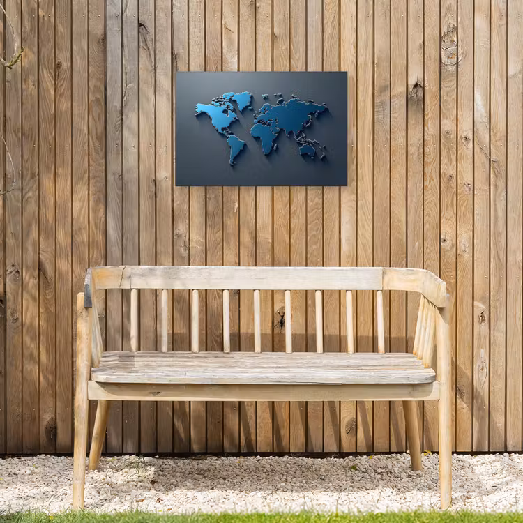 Metallic - Blauw - Wereldkaart - 3D Tuinposter op houten frame 2 cm dik klein -sfeer4