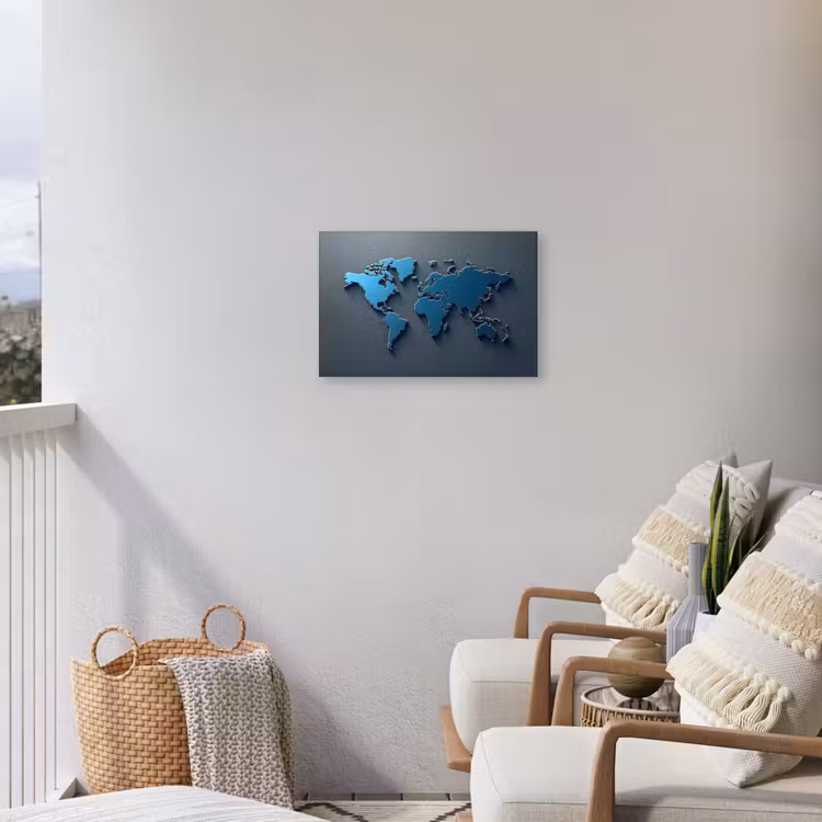 Metallic - Blauw - Wereldkaart - 3D Tuinposter op houten frame 2 cm dik klein -sfeer1