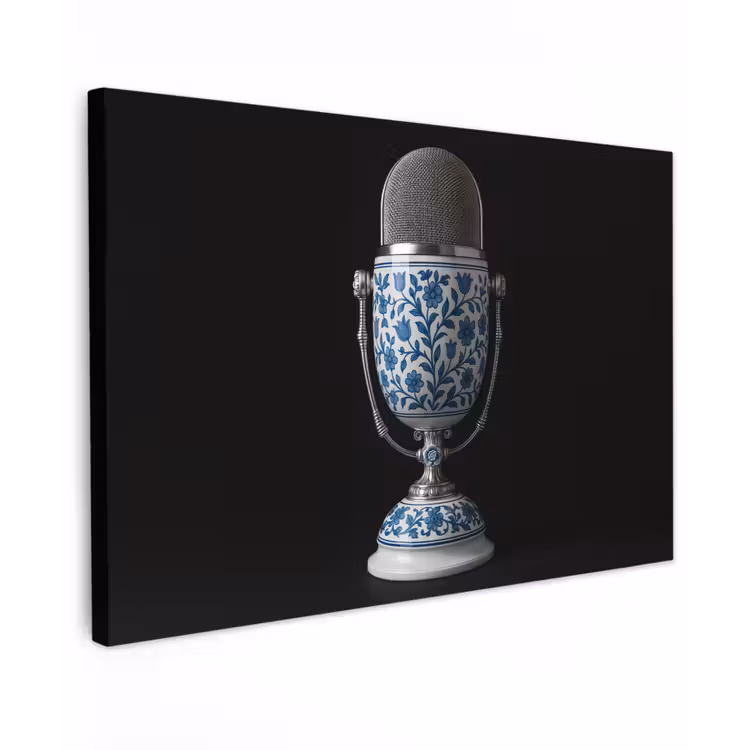 Microfoon - Delfts blauw - Muziek Tuinposter op houten frame 2 cm dik klein -3d
