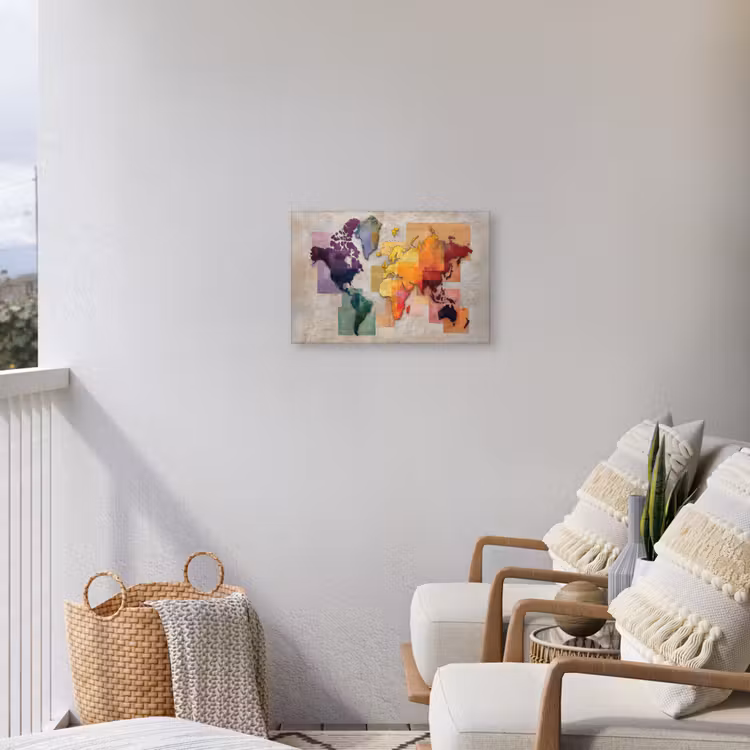 Modern - Wereldkaart - Kleurvakken Tuinposter op houten frame 2 cm dik klein -sfeer1