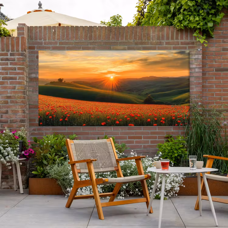 Klaprozen - Bloemen - Heuvels - Zonsondergang Tuinposter op houten frame 2 cm dik xxl -sfeer3