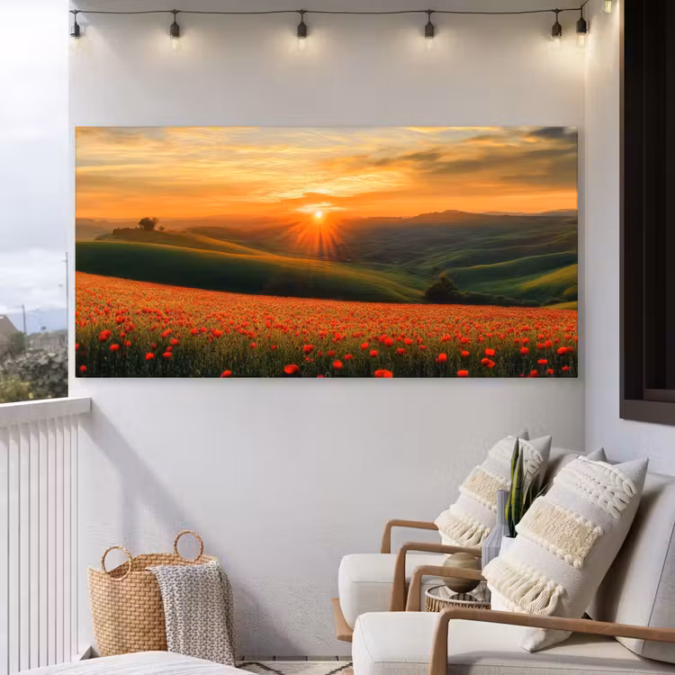 Klaprozen - Bloemen - Heuvels - Zonsondergang Tuinposter op houten frame 2 cm dik xxl -sfeer1