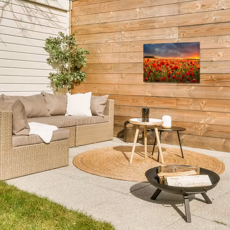 Klaprozenveld bij zonsondergang Tuinposter op houten frame 2 cm dik klein -sfeer2
