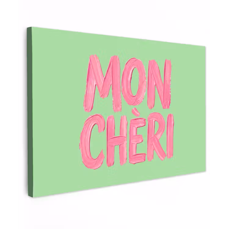 Mon cheri - Groen - Roze Tuinposter op houten frame 2 cm dik klein -3d