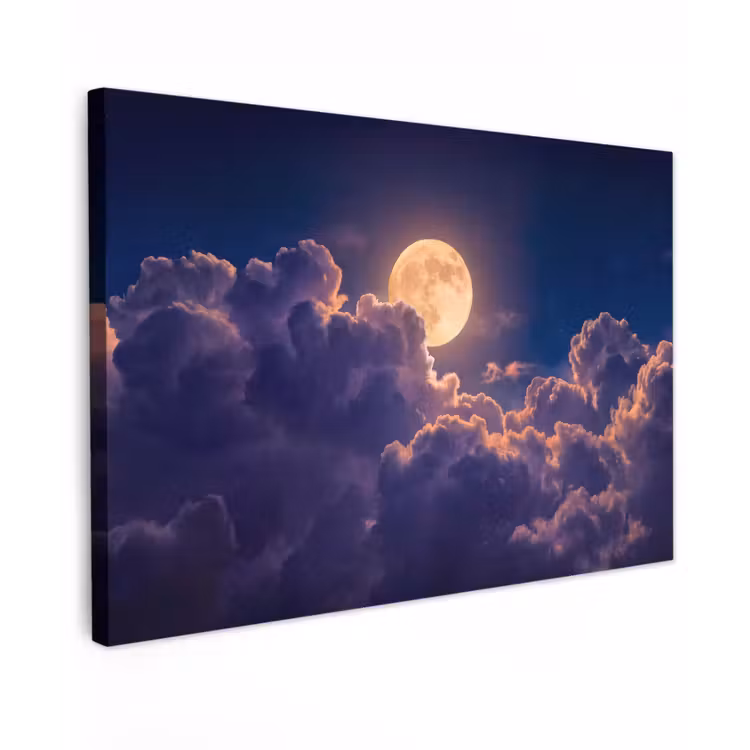 Maan - Wolken - Nacht - Oranje Tuinposter op houten frame 2 cm dik klein -3d