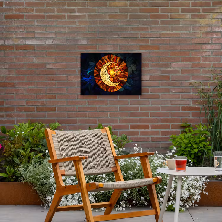 Mozaïek - Glas - Maan - Donkerblauw Tuinposter op houten frame 2 cm dik klein -sfeer3