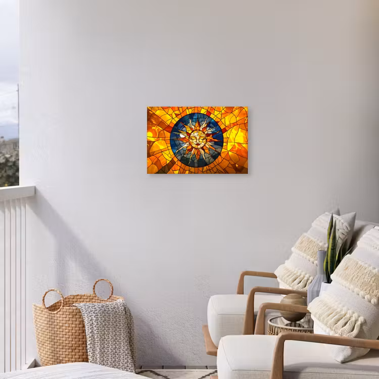 Mozaïek - Zon - Geel - Cirkel Tuinposter op houten frame 2 cm dik klein -sfeer1