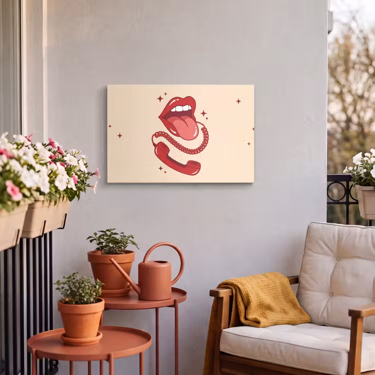 Mond - Telefoon - Popart - Rood - Illustratie Tuinposter op houten frame 2 cm dik klein -sfeer1