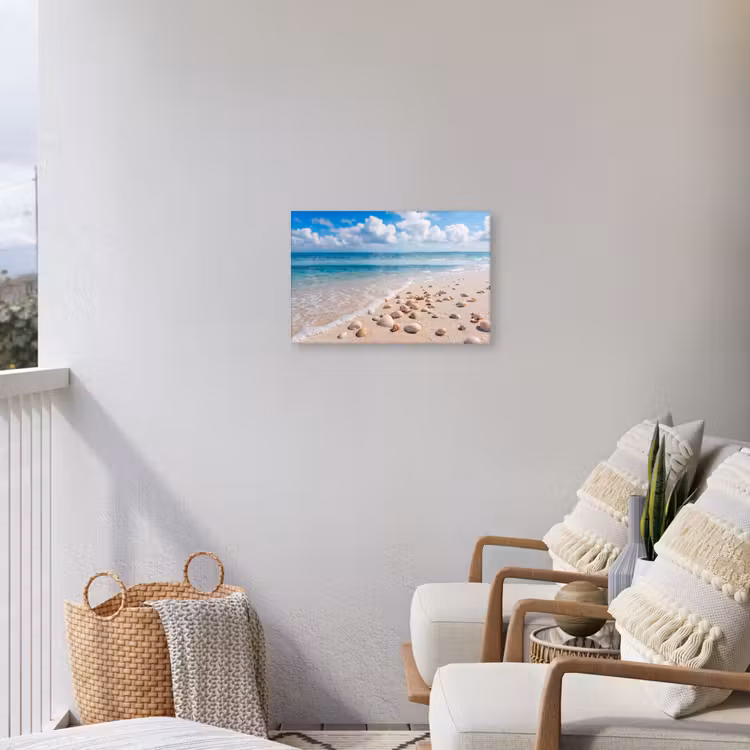Schelpen - Strand - Natuur - Beige Tuinposter op houten frame 2 cm dik klein -sfeer1