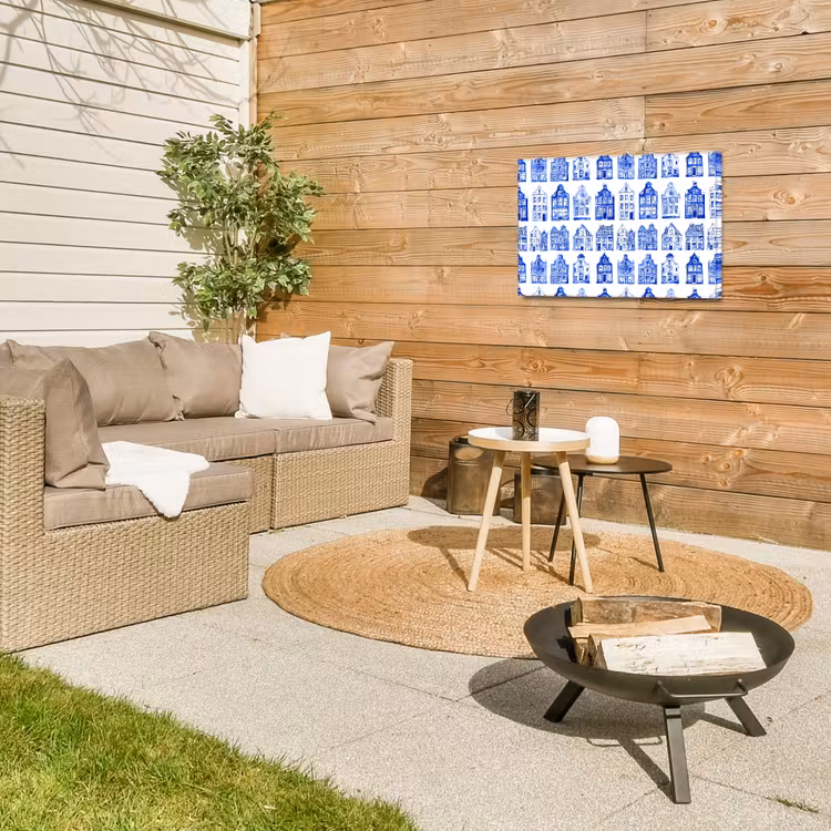 Patroon - Huizen - Blauw Tuinposter op houten frame 2 cm dik klein 845 -sfeer2
