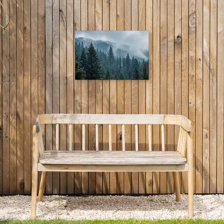 Naaldwoud - Bergen - Mist Tuinposter op houten frame 2 cm dik klein -sfeer4