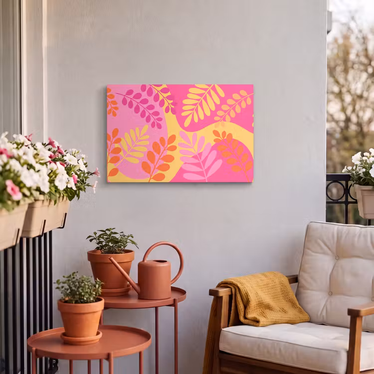 Natuur - Bladeren - Abstract - Roze - Geel Tuinposter op houten frame 2 cm dik klein -sfeer1