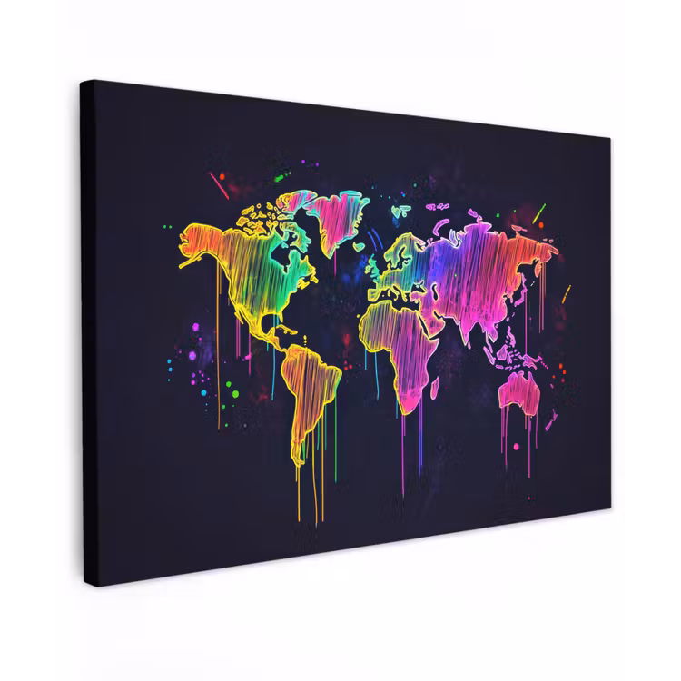 Neon - Wereldkaart - Kleur - Drip Tuinposter op houten frame 2 cm dik klein -3d