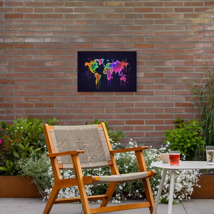 Neon - Wereldkaart - Kleur - Drip Tuinposter op houten frame 2 cm dik klein -sfeer3