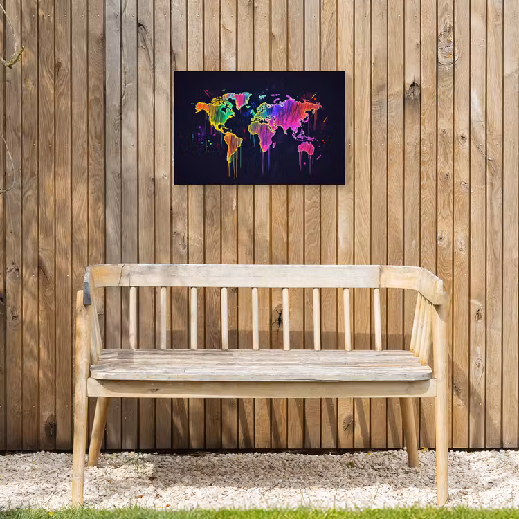 Neon - Wereldkaart - Kleur - Drip Tuinposter op houten frame 2 cm dik klein -sfeer4