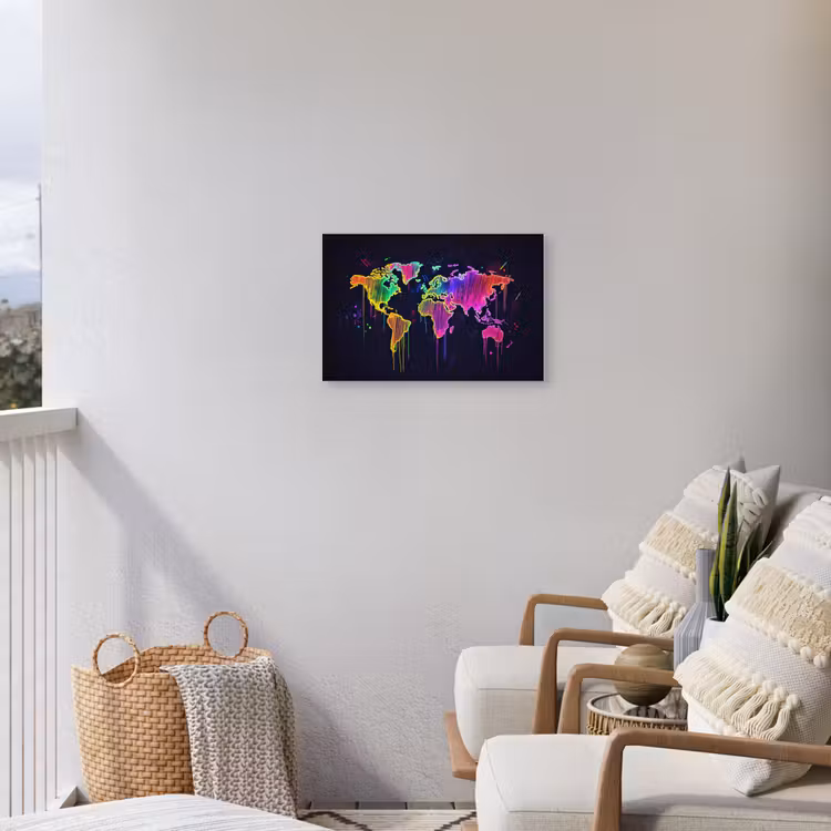 Neon - Wereldkaart - Kleur - Drip Tuinposter op houten frame 2 cm dik klein -sfeer1