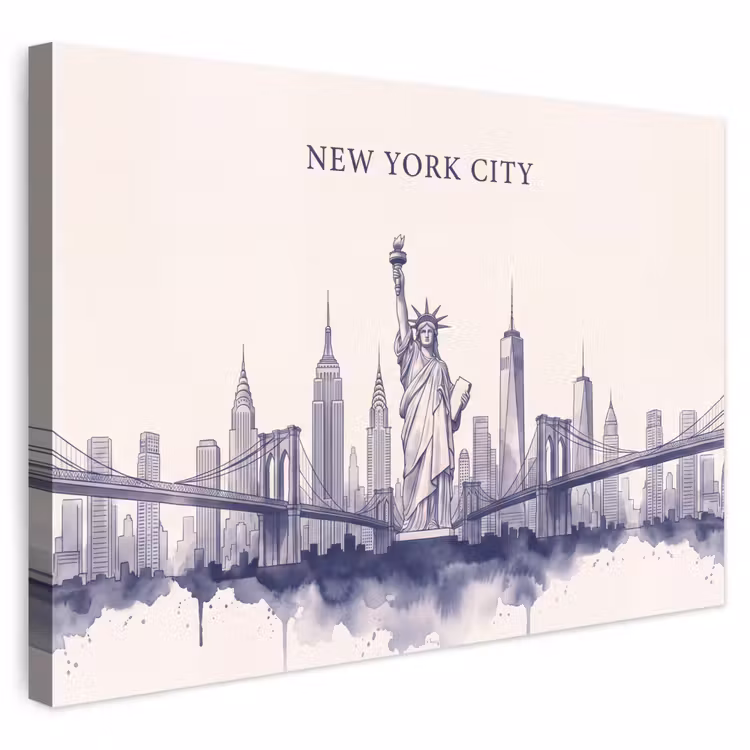 New York - Vrijheidsbeeld - Skyline - Illustratie - Blauw Tuinposter op houten frame 2 cm dik klein -3d