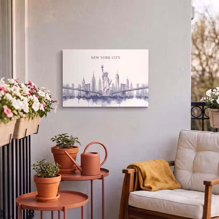 New York - Vrijheidsbeeld - Skyline - Illustratie - Blauw Tuinposter op houten frame 2 cm dik klein -sfeer1