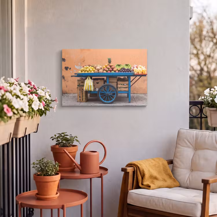 Outdoor Leinwand - Obst – Kar – Straße - Fruit - Kar - Straat Tuinposter op houten frame 2 cm dik klein