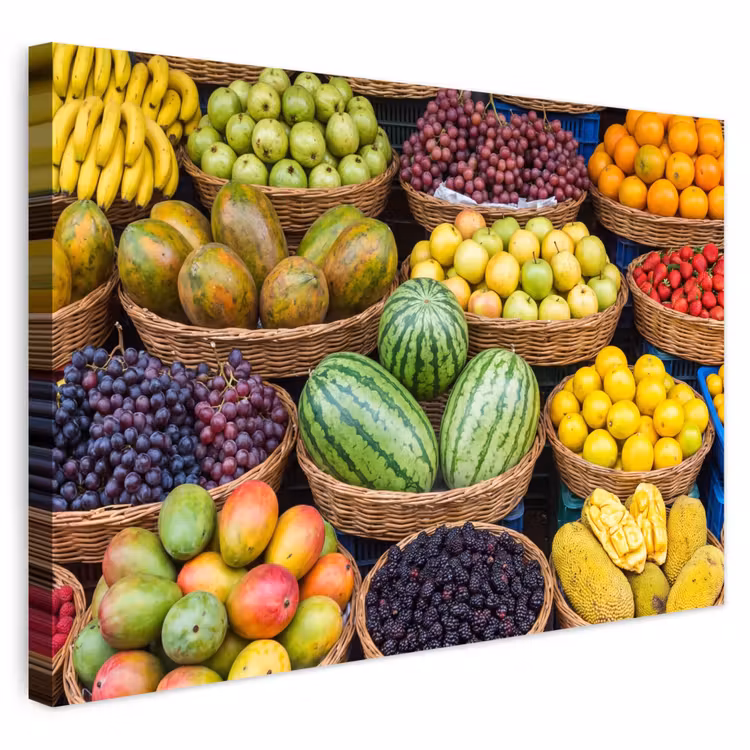 Outdoor Leinwand - Obst – Markt – Bunt - Fruit - Markt - Kleurrijk Tuinposter op houten frame 2 cm dik klein