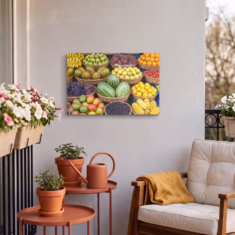 Outdoor Leinwand - Obst – Markt – Bunt - Fruit - Markt - Kleurrijk Tuinposter op houten frame 2 cm dik klein