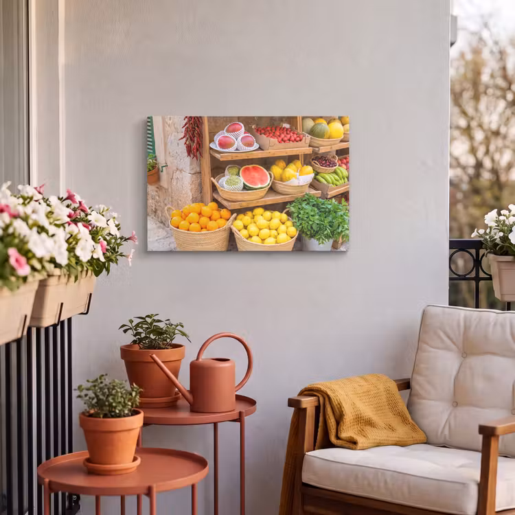 Outdoor Leinwand - Obst – Markt – Frisch - Fruit - Markt - Vers Tuinposter op houten frame 2 cm dik klein