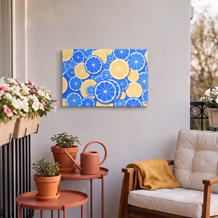 Fruit - Schijven - Patroon - Modern - Blauw - Geel Tuinposter op houten frame 2 cm dik klein -sfeer1