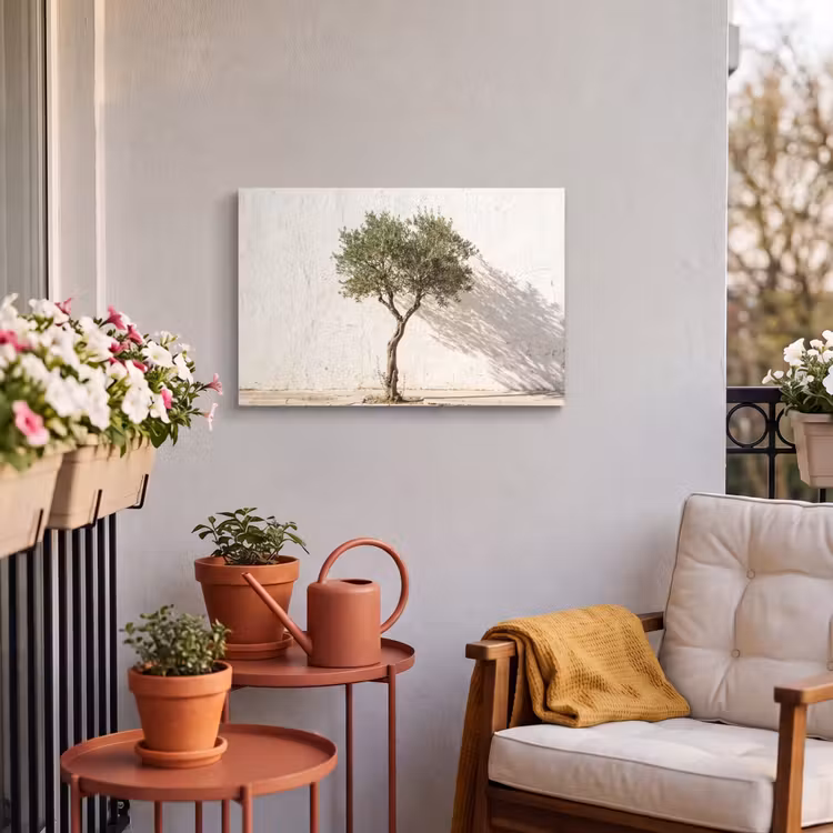 Outdoor Leinwand - Olivenbaum – Wand – weiß - Olijfboom - muur - wit Tuinposter op houten frame 2 cm dik klein