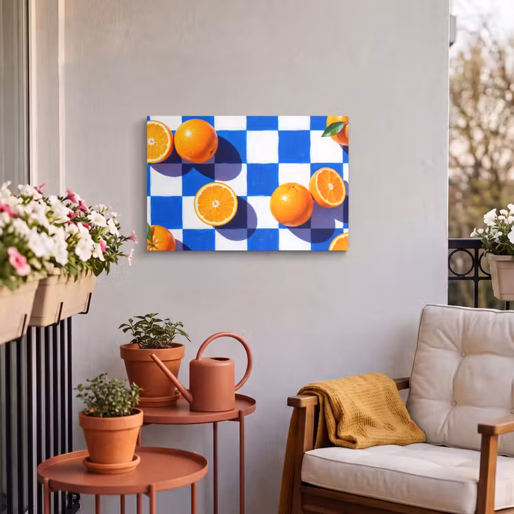 Outdoor Leinwand - Orange – Kariert – Essen - Sinaasappel - Geruit - Eten Tuinposter op houten frame 2 cm dik klein