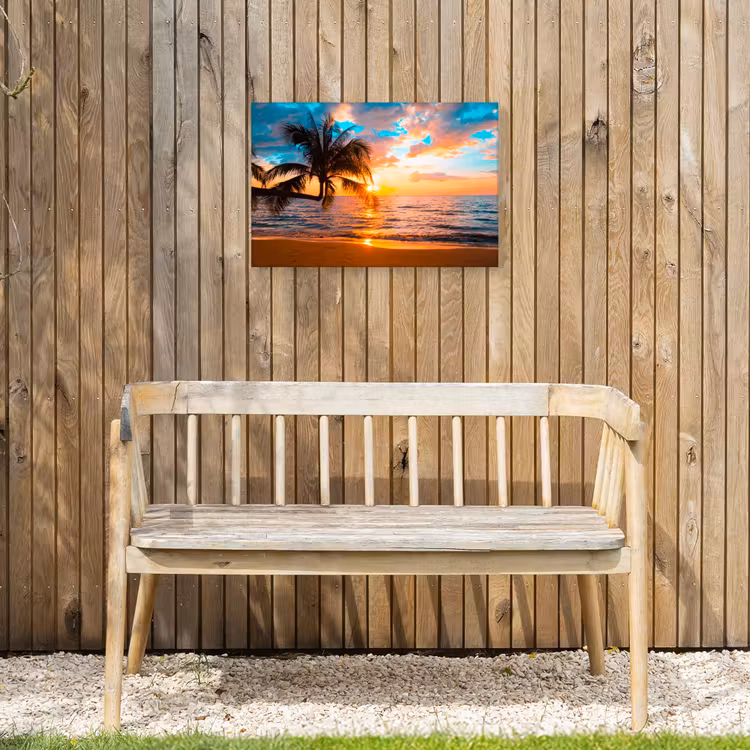 Palm - Zonsondergang - Horizon - Strand - Zee - Tropisch Tuinposter op houten frame 2 cm dik klein -sfeer4