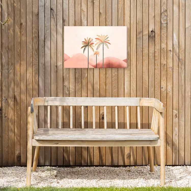Palmbomen - Heuvels - Minimalistisch - Zachtroze Tuinposter op houten frame 2 cm dik klein -sfeer4