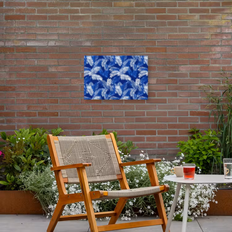 Palmblad - Patroon - Blauw Tuinposter op houten frame 2 cm dik klein 845 -sfeer3