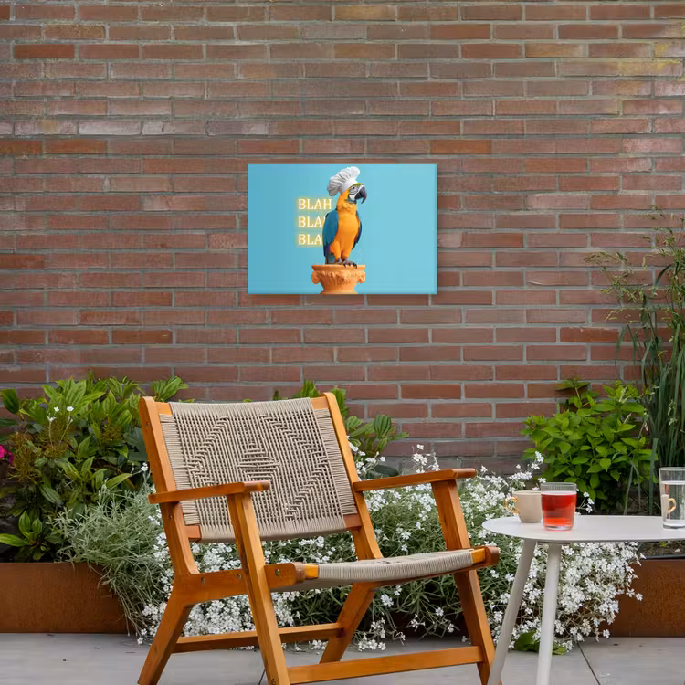 Papegaai - Koksmuts - Quote - Neon Tuinposter op houten frame 2 cm dik klein -sfeer3