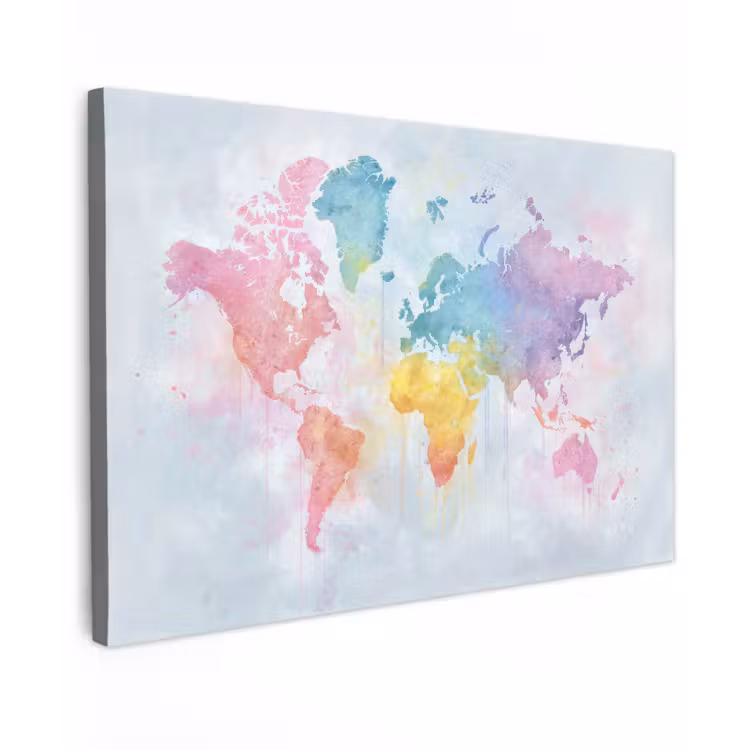 Pastel - Wereldkaart - Druppels Tuinposter op houten frame 2 cm dik klein -3d
