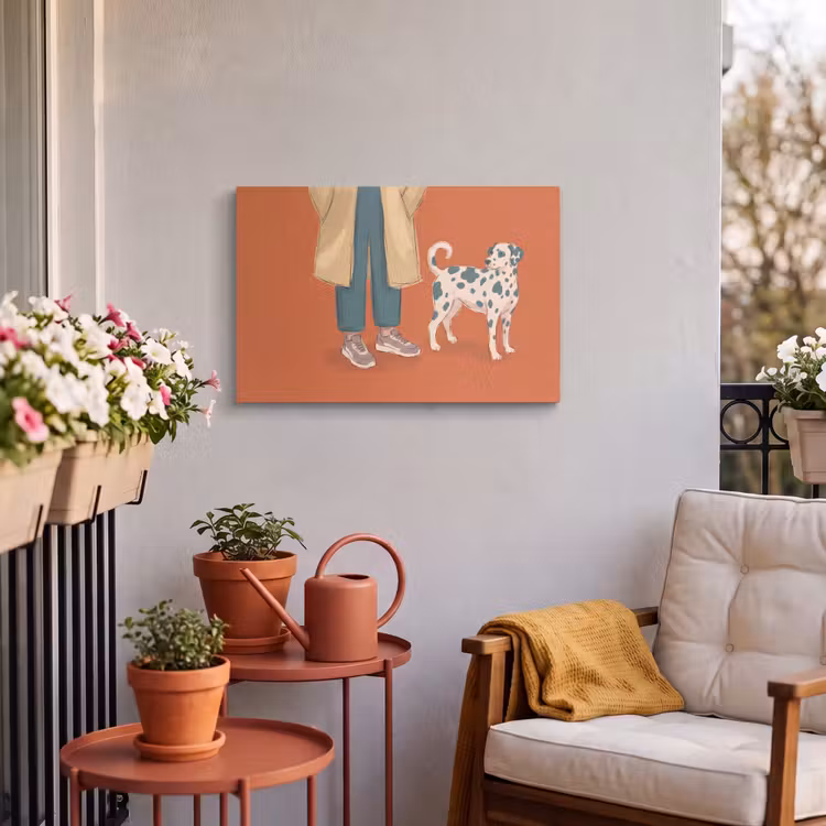 Persoon - Hond - Dieren - Illustratie - Modern Tuinposter op houten frame 2 cm dik klein -sfeer1