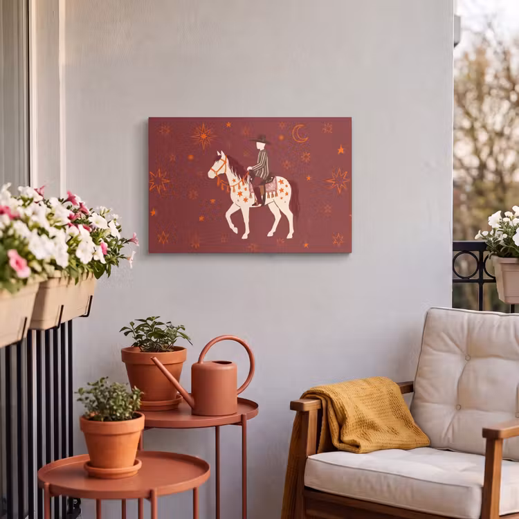 Paard - Ruiter - Sterren - Nacht - Illustratie Tuinposter op houten frame 2 cm dik klein -sfeer1