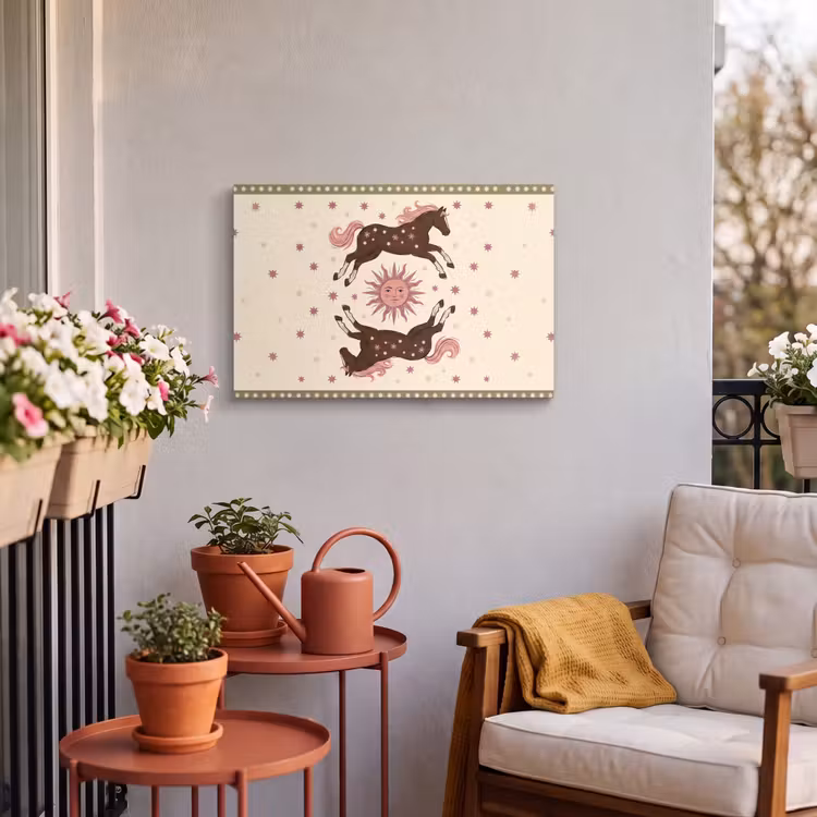 Paard - Zon - Mystiek - Illustratie - Roze Tuinposter op houten frame 2 cm dik klein -sfeer1