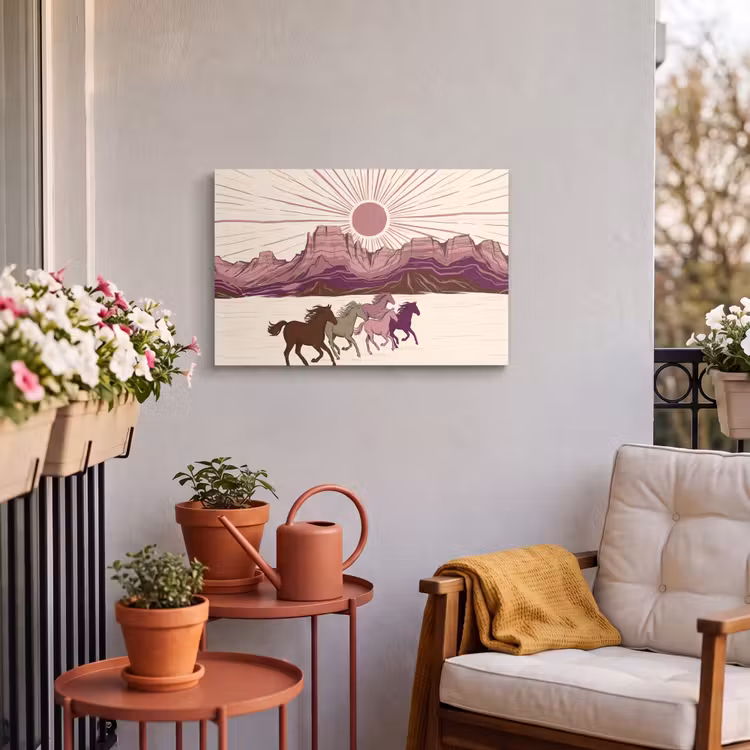 Paarden - Rennend - Woestijn - Natuur - Abstract Tuinposter op houten frame 2 cm dik klein -sfeer1
