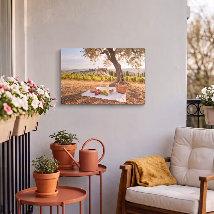 Picknick - Wijngaard - Landschap - Zomer - Eten Tuinposter op houten frame 2 cm dik klein -sfeer1