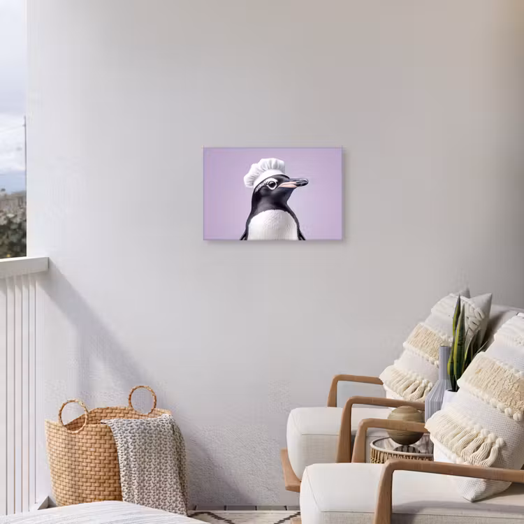 Pinguïn - Koksmuts - Lief - Paars Tuinposter op houten frame 2 cm dik klein -sfeer1